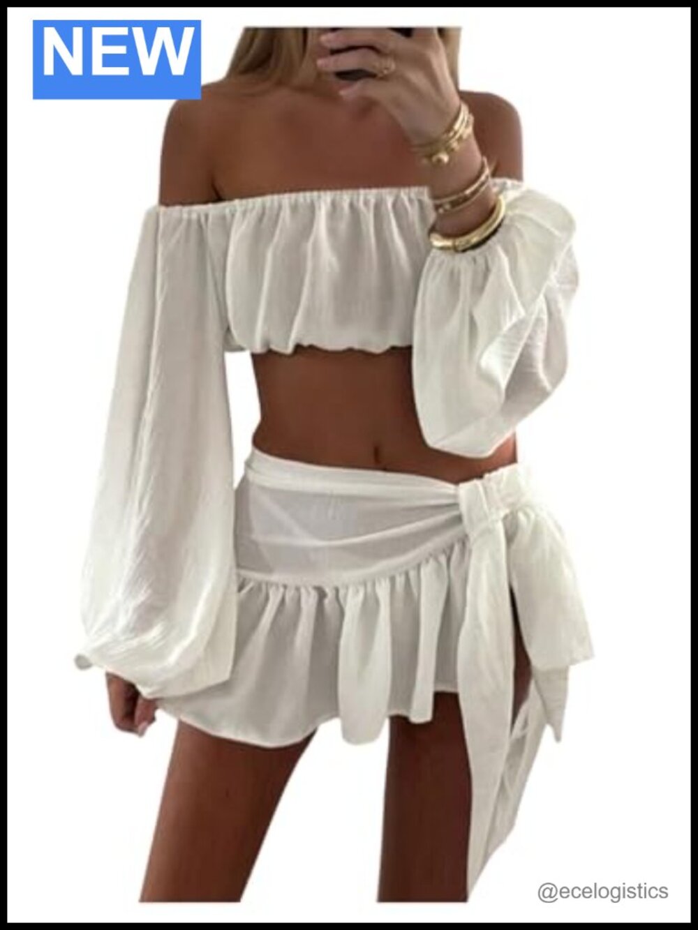 Women's 2 Piece Off Shoulder Lantern Sleeve Crop Top Ruffle Mini Skirt Set